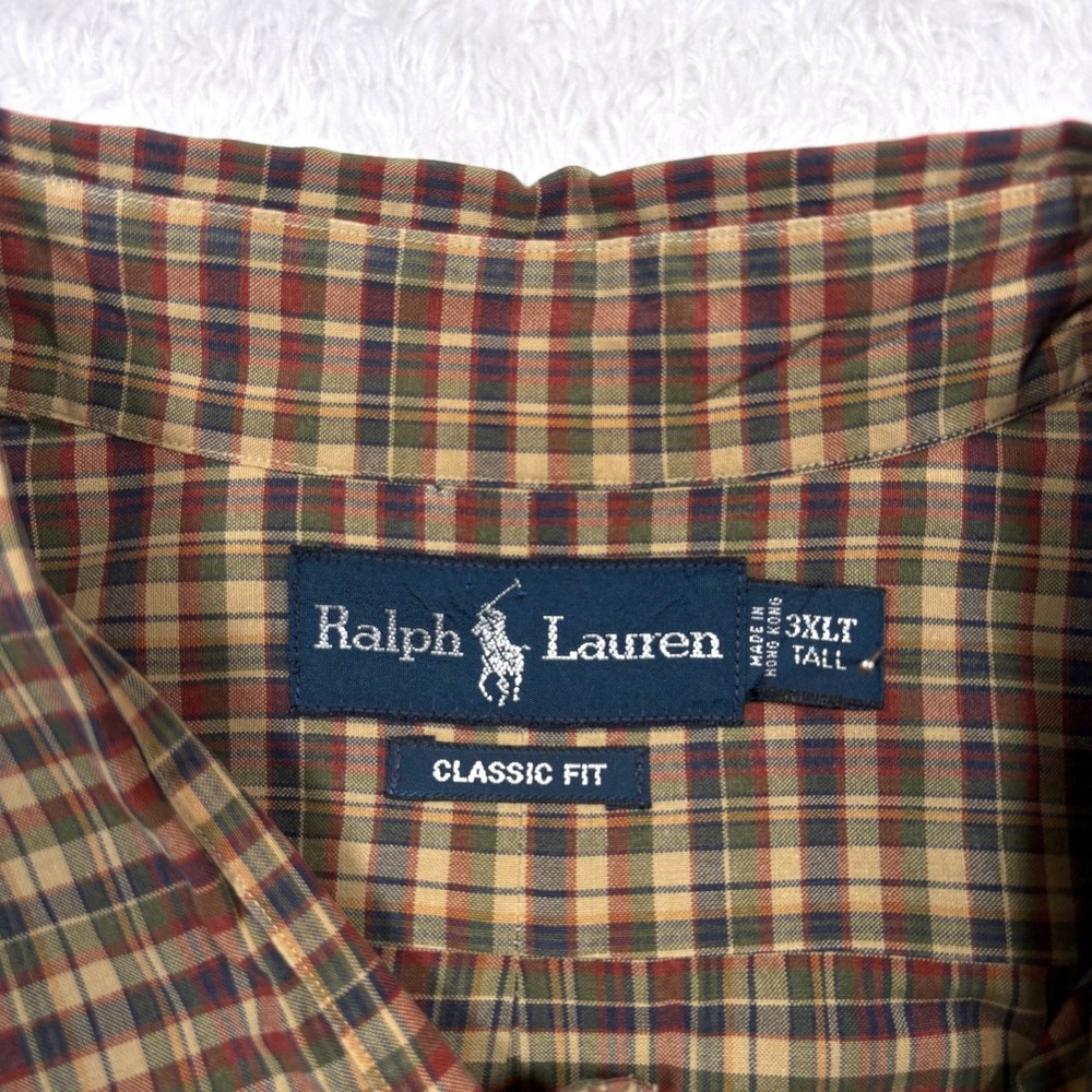 Ralph Lauren Button Shirt Mens 3XL TALL Tan Green Plaid Long Sleeve PONY Preppy - Picture 5 of 10